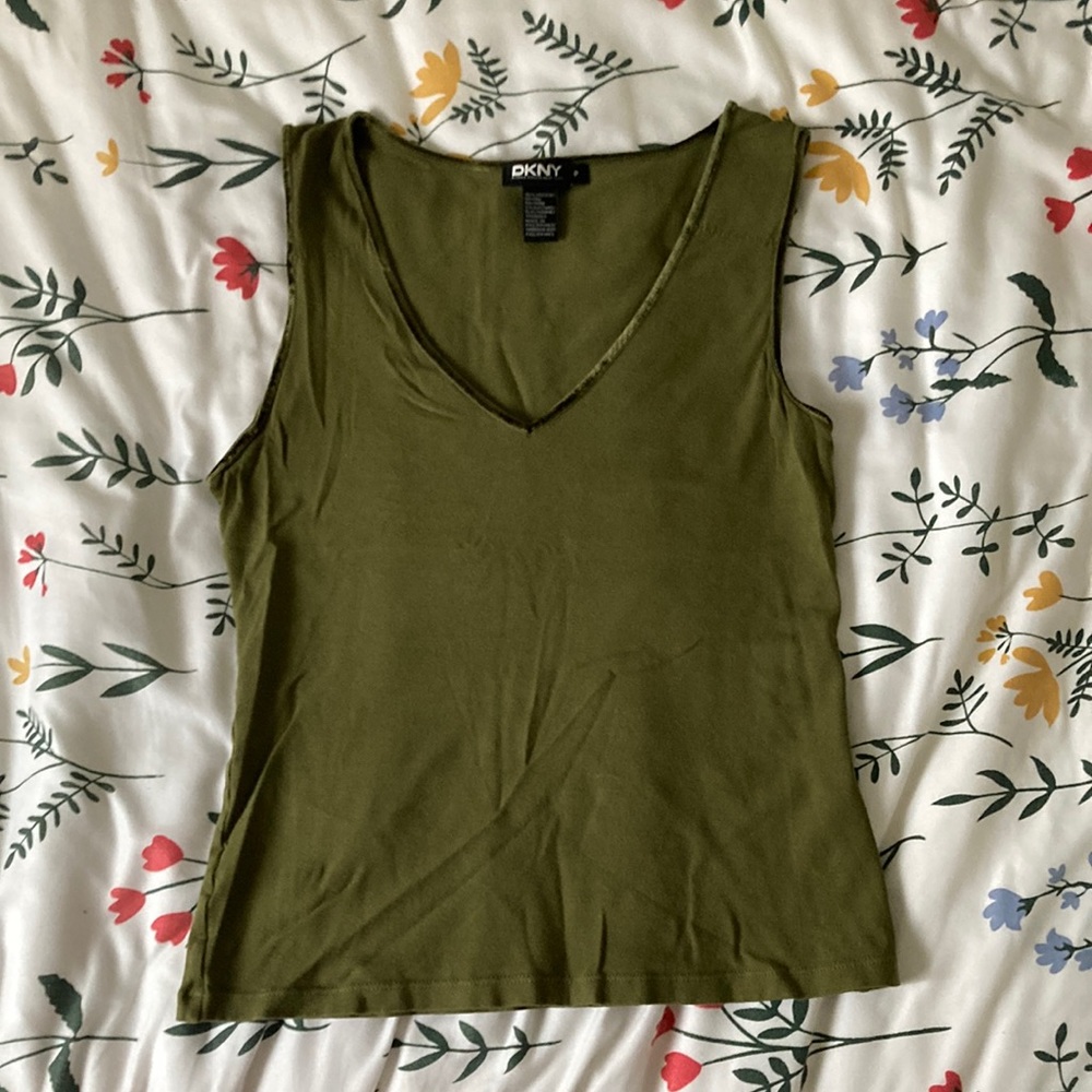 Vintage 90s DKNY Sleeveless V-Neck Green Shirt w/ Velvet Trim - Women’s P / SP
